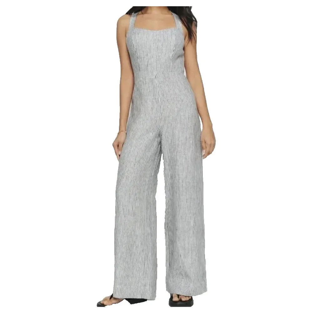 Reformation Women's Autumn Linen Jumpsuit Vineyard Stripes Open Back Size 8 NWT